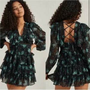 Altar'd State Black and Green Ruffle Midi Dress